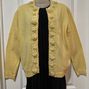 Vintage 60’s Pastel Yellow Beaded Cardigan Made in Hong Kong, Size 44